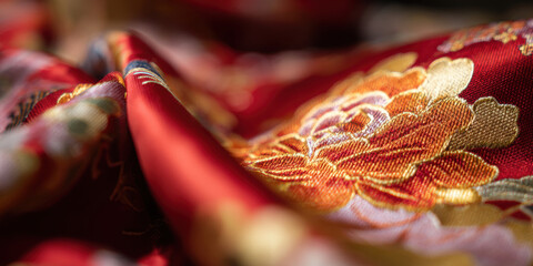 Vibrant close up of embroidered fabric showcasing intricate floral patterns and rich colors
