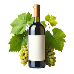 Dark glass wine bottle with blank label green grape clusters and vibrant vine leaves isolated on transparent background. PNG die-cut for advertising