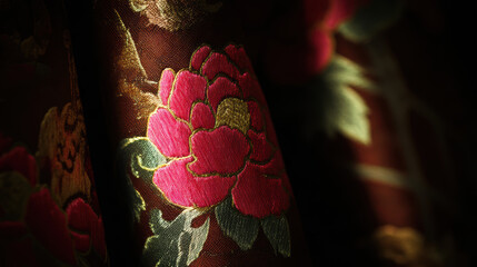 Close up of beautifully embroidered floral design featuring vibrant pink roses on rich fabric