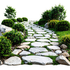 Obraz premium A winding flagstone pathway through a lush green garden with manicured bushes and scattered rocks isolated on transparent background. PNG die-cut for advertising