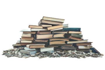 A towering stack of aged books, layered and piled high, rests on a bed of scattered pages