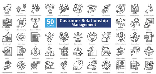 Customer relationship management icon set contains 50 icons including, growth graph, relationships, faq, quality, support , opportunities, conversion, influencer, simple vector outline style.