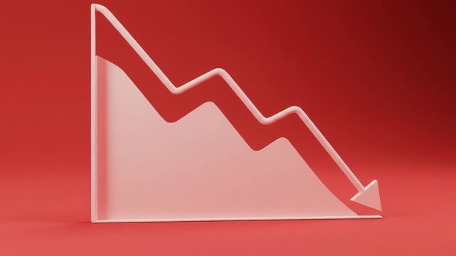 White arrow pointing downward on financial graph, indicating economic recession and market decline. Business loss and financial crisis concept animation.