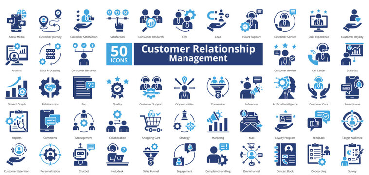 Customer relationship management icon set contains 50 icons including, social media, journey, customer, satisfaction, satisfaction, research, crm, simple vector two color style.