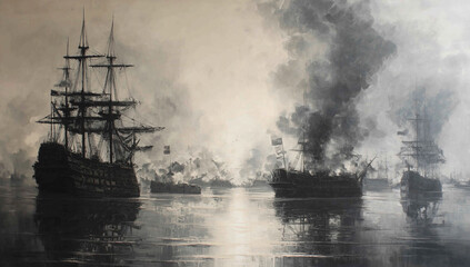 Sailing Ships in a Naval Battle During Foggy Conditions. Tall Ships in the Last Mists of Morning Fog