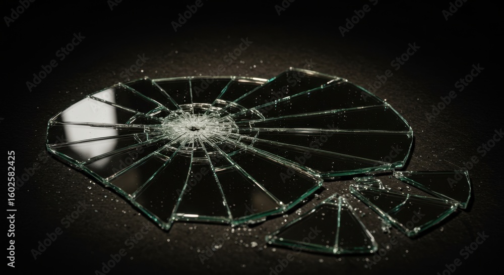 Poster a captivating close-up shot of a broken glass fragment displaying intricate patterns and reflections