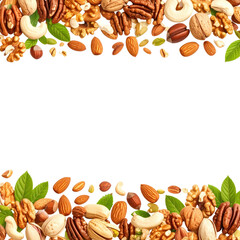 Assortment Of Mixed Nuts And Green Leaves Create A Decorative Border isolated on transparent background. PNG die-cut for advertising