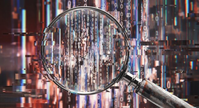 Magnifying glass over digital code background data analysis concept - Powered by Adobe