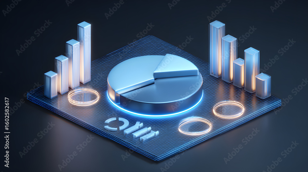 Poster cute isometric 3d image of 3d pie chart and bar chart in realistic metallic silver illuminated by ne