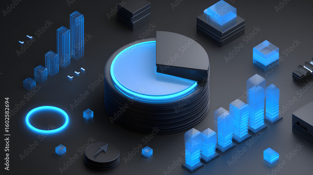 Poster cute isometric 3d image of 3d pie chart and bar chart in realistic metallic silver illuminated by ne
