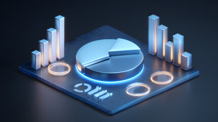 Cute isometric 3D image of 3D pie chart and bar chart in realistic metallic silver illuminated by neon blue. add floating, transparent charts and circular measurement tools. ensure perfect shapes an