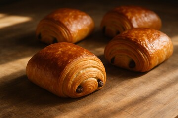 Four fresh pain au chocolat on a wooden board, traditional French pastry in natural hard light, minimal and appetizing close-up