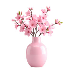 Delicate Pink Cherry Blossoms Bloom In A Smooth Glossy Pink Vase isolated on transparent background. PNG die-cut for advertising