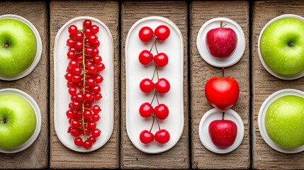 Top-down view of parallel ceramic plates filled with green apples, red apples, cherries, and red currants on a rustic wooden and concrete surface, forming a clean fruit pattern layout 