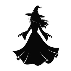 Elegant Witch Silhouette with Flowing Hair and Dress for Halloween