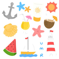 계절 여름 바다 아이템 드로잉 아이콘(summer beach items drawing icon set)