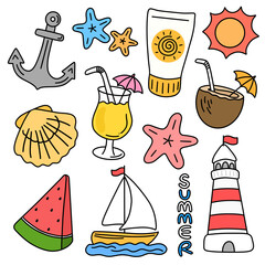 계절 여름 바다 아이템 라인드로잉 아이콘(summer beach items line drawing icon set)
