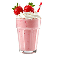 Delicious pink strawberry milkshake topped with whipped cream and fresh strawberries isolated on transparent background. PNG die-cut for advertising