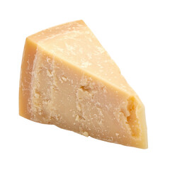A wedge shaped piece of hard aged yellow cheese with a textured surface and sharp edges isolated on transparent background. PNG die-cut for advertising
