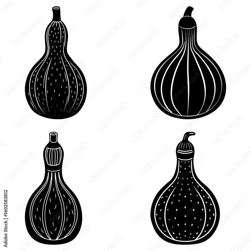 Aufkleber four black and white gourds with varying shapes and patterns arranged on a white background in a squ
