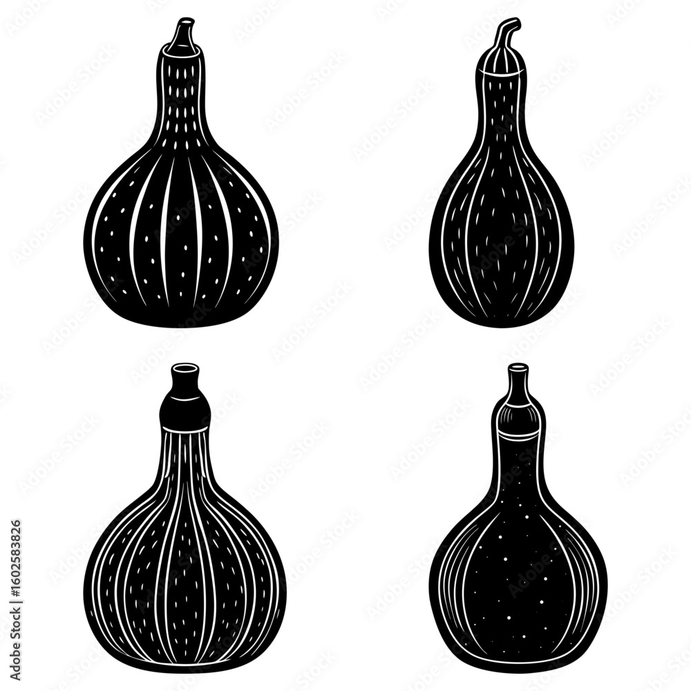 Poster four black and white gourd illustrations with varying shapes and decorative line patterns displayed 