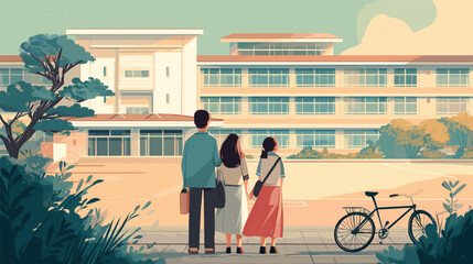 School Days: Vector illustration of a family arriving at school. Education, parenting, childhood, back to school concept. Asian school design. Calm, peaceful.
