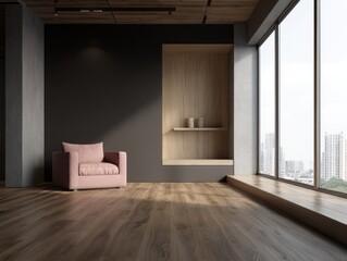 Fototapeta premium Modern room with pink armchair and city view.