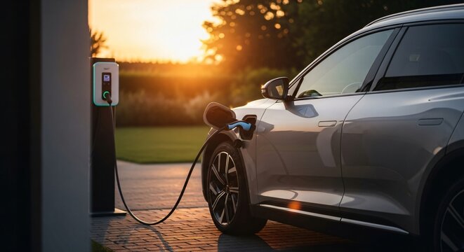 Electric Vehicle Receiving Battery Charge at Home Charger During Sunset