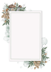 Botanical and mushrooms soft cozy vertical frame in soft watercolor hand-drawn style for cards, invitations and nature-themed text design
