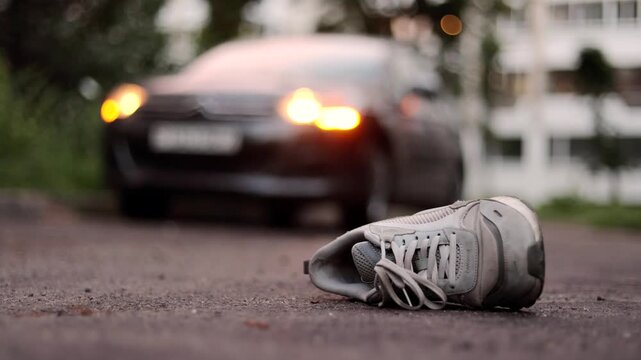 Shoe on the road with car in background after car accident.
