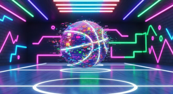 Neon basketball in futuristic digital environment - Powered by Adobe
