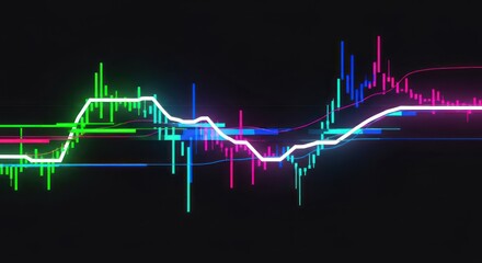 Neon graph lines against black background showing financial trends