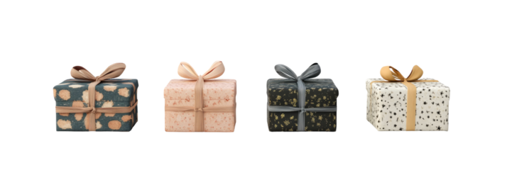 Three gift boxes with patterned wrapping
