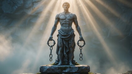 A cracked stone statue of a genderless figure with broken shackles, bathed in divine light and mist. Ancient, symbolic of liberation and resilience. Ultra-realistic texture, 8K, museum-worthy