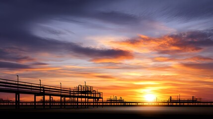 Industrial Pier Silhouetted at Sunset – Serene Urban Composition Featuring Vivid Sky, Structural Geometry, and Emotional Light Contrast