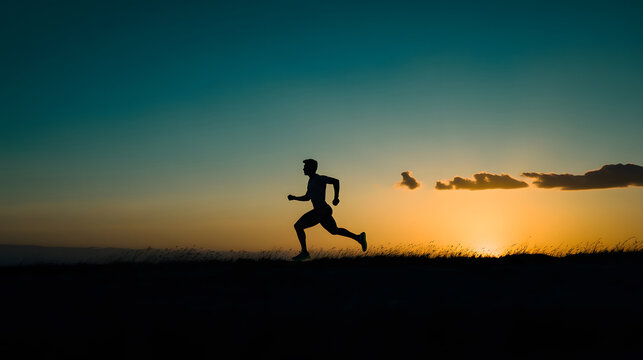 Silhouette of a man running against a colorful sunset. Healthy lifestyle concept