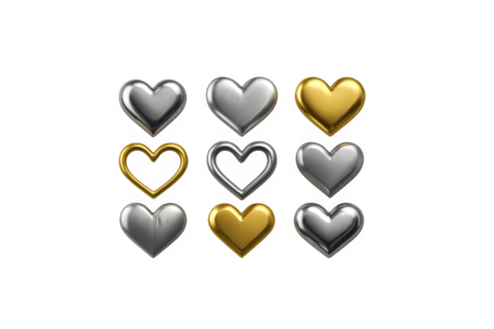 3D Metallic Heart Icons PNG Set – Glossy Chrome, Silver, and Gold Variants – Isolated on Transparent Background PNG for Digital & Romantic Design

