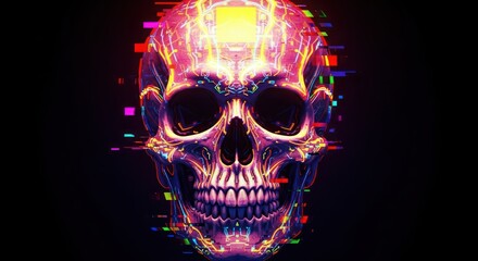 Neon skull digital art with glitch effect on black background