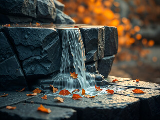 Serene mini waterfall flowing over stacked stones with autumn leaves, tranquil nature scene. Generative AI