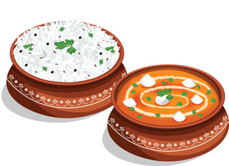 Tasty Matar Paneer With Rice in Handi Vector Illustration