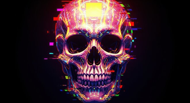 Neon skull digital art with glitch effect on black background - Powered by Adobe