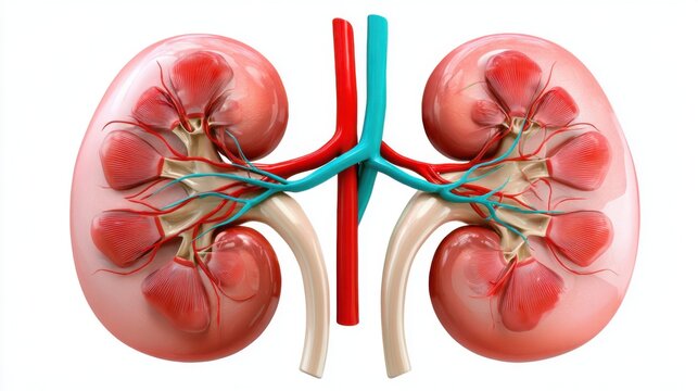 3D realistic illustration of human kidneys with adrenal glands and renal blood vessels, isolated on white background