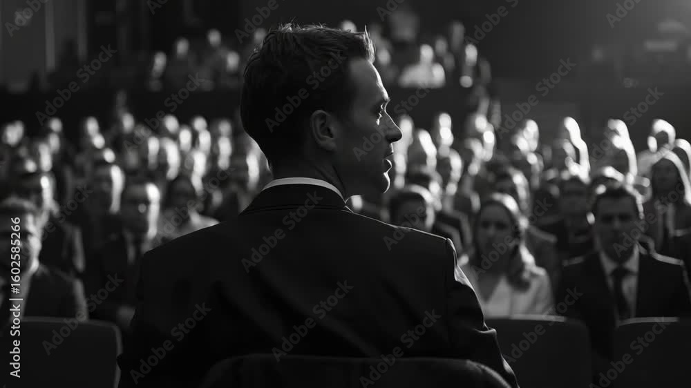 Poster man addressing a conference audience from the podium with a microphone.