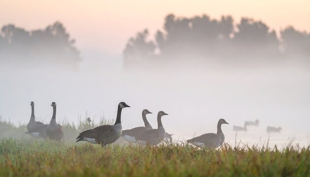 Geese in a misty morning landscape (1) - Powered by Adobe