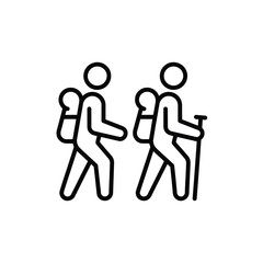 Two Hikers with Backpacks and Hiking Stick Outline Icon Vector
