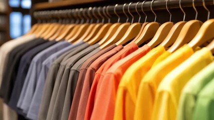 Multiple cotton t-shirts in various colors arranged on wooden hangers. Bright and organized clothing display in retail store. Color harmony concept. - Powered by Adobe