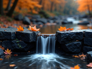 Autumn waterfall with vibrant orange leaves on rocks, peaceful nature background. Generative AI