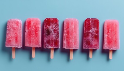 Six frozen fruit popsicles arranged in a row against a vibrant blue backdrop, showcasing a refreshing summer treat.