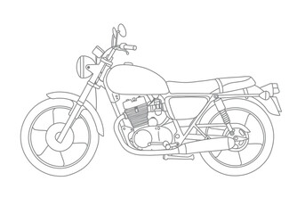 Obraz premium Motor bicycle drawing. It is a black and white outline image of a motor bicycle, also known as a motorcycle or motorbike. Vector sketch line art draw.
