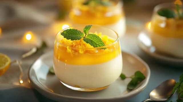 Glass of lemon panna cotta topped with yellow citrus sauce, zest and fresh mint. Served on a plate with festive bokeh lights. Light and creamy treat.
